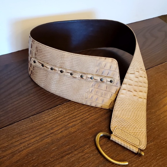 Vintage Italian Wide Leather Belt Beige Reptile Embossed D-Ring - Picture 3 of 16